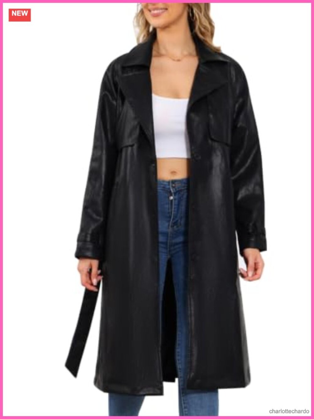 Faux Leather Trench Coat Mid-Long Belted Overcoat Notch Lapel Women's